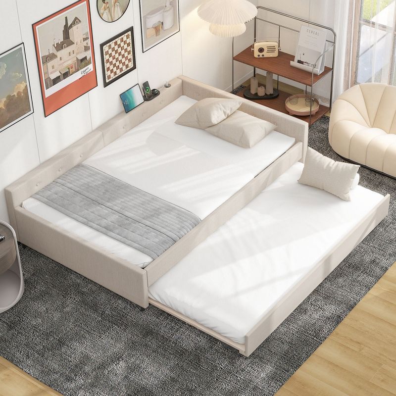 Full/Queen Size Upholstered Platform Bed with USB Ports, Modern Daybed with Trundle, Beige - ModernLuxe, 3 of 11