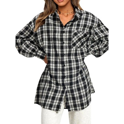 EXLURA Womens Plaid Flannel Shacket Long Sleeve Button Down Shirts Long Jackets Oversized Fall Fashion Outfits