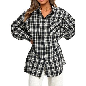 EXLURA Womens Plaid Flannel Shacket Long Sleeve Button Down Shirts Long Jackets Oversized Fall Fashion Outfits - 1 of 4