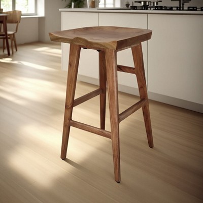 Royal Hampton 29 Inch Backless Barstool, Handcrafted Saddle Seat, Acacia Wood