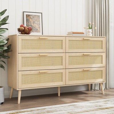 PAGED Rattan Dresser with 6 Drawers, Storage Cabinet with Metal Handle and Wood Legs, Dresser for Bedroom