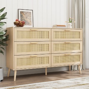 PAGED Rattan Dresser with 6 Drawers, Storage Cabinet with Metal Handle and Wood Legs, Dresser for Bedroom - 1 of 4