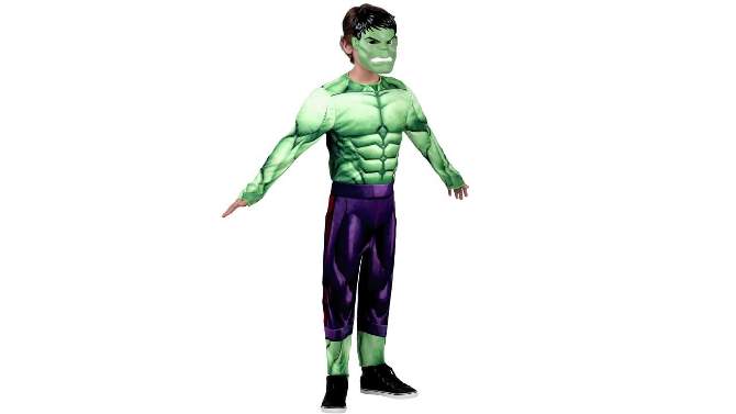 Kids' Marvel Hulk Muscle Chest Halloween Costume Jumpsuit with Mask, 2 of 9, play video
