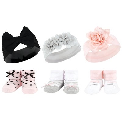 Hudson Baby Infant Girls Headband and Socks Giftset, Pink Black, One Size