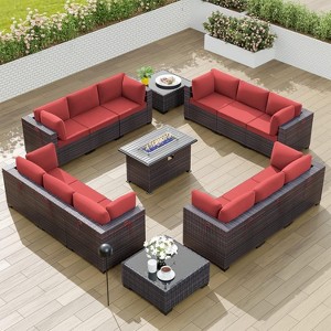 ALAULM 15PCS Outdoor Patio Furniture Set with Gas Propane Fire Pit Table PE Rattan Sectional Sofa Patio Conversation Sets - 1 of 4