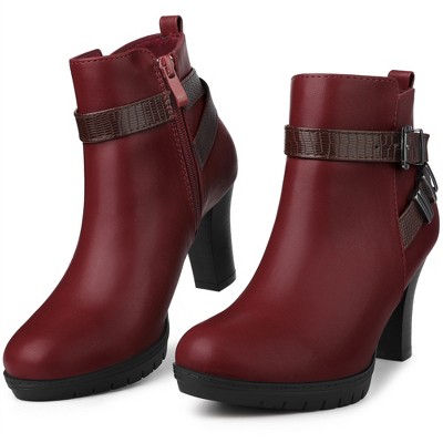 Perphy Women's Platform Side Zip Block Heel Cross Strap Buckle Ankle Boots