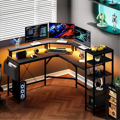 Acekool 62" L-Shaped Computer Desk with Power Outlets, LED Lights, Monitor Stand & Storage Shelves, Ergonomic Corner Desk for Home Office