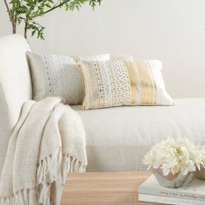Gold and White Embroidered Lumbar Pillow with Metallic Stripes
