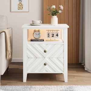 Nightstand Led Side Table Wooden Farmhouse Night Stand Mid Century Modern End Table with Drawers for Bedroom Living Room Home Office,White - 1 of 4