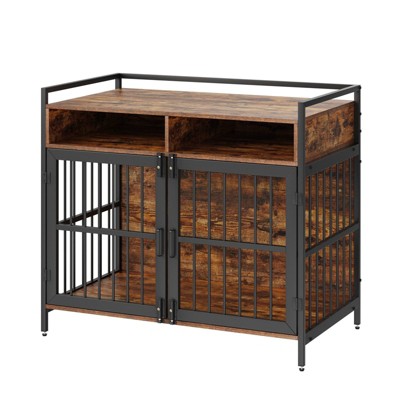 Munora 41" Furniture Style Dog Crate with Storage, Double Door Wooden Dog Cage for Large/Medium Breeds up to 70 lbs, Rustic Brown