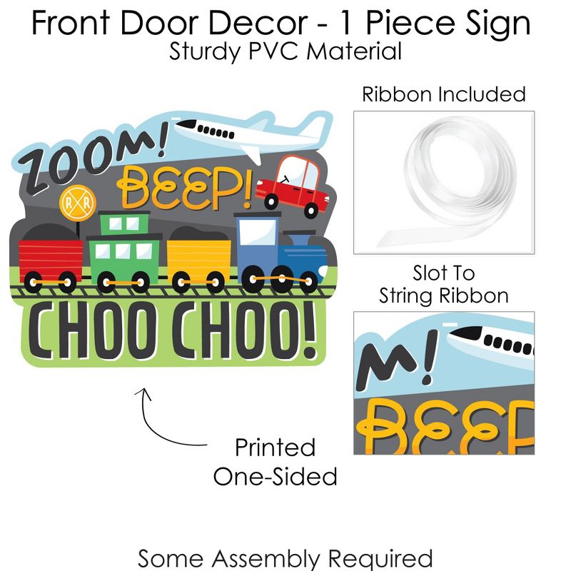 Big Dot of Happiness Cars, Trains, and Airplanes - Hanging Porch Transportation Birthday Party Outdoor Decorations - Front Door Decor - 1 Piece Sign, 5 of 9