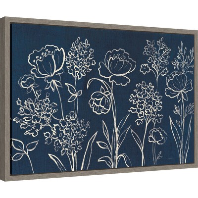 Indigo and White Floral Canvas Print with Gray Frame