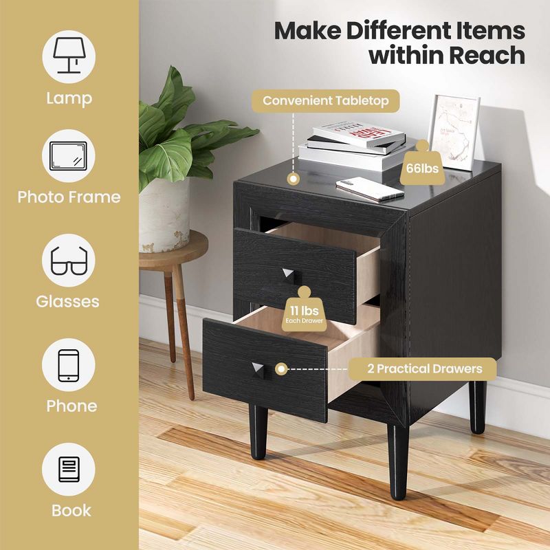 Costway 2 PCS Nightstand End Bedside Coffee Table Wooden Leg Drawers Black\Grey\White, 5 of 9