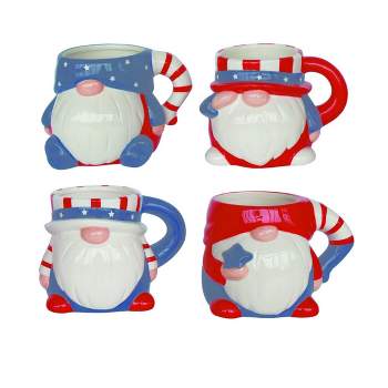 Transpac Patriotic American Uncle Sam Gnome Ceramic Mug Set of 4, Dishwasher Safe