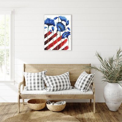 Patriotic Floral II Blue and Red Canvas Wall Art with White Frame