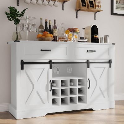 Heynemo Farmhouse Buffet Cabinet with Storage, Sliding Barn Door, Wine & Glass Rack, Storage Shelves, for Kitchen, Dining Room