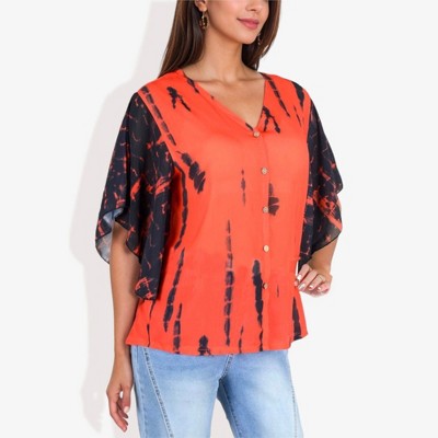 Anna-Kaci Women's Button-Front Tie-Dye Duster Sleeve Blouse