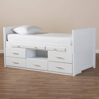 White Twin Wood Frame Storage Bed with Pull-Out Desk