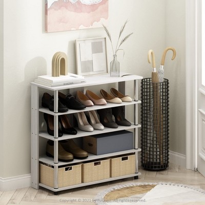 Furinno Entryway Freestanding Shoe Rack 5-Tier Large Shoe Storage Organizer W/Stainless Steel Tubes for 16-20 Pairs,White Oak