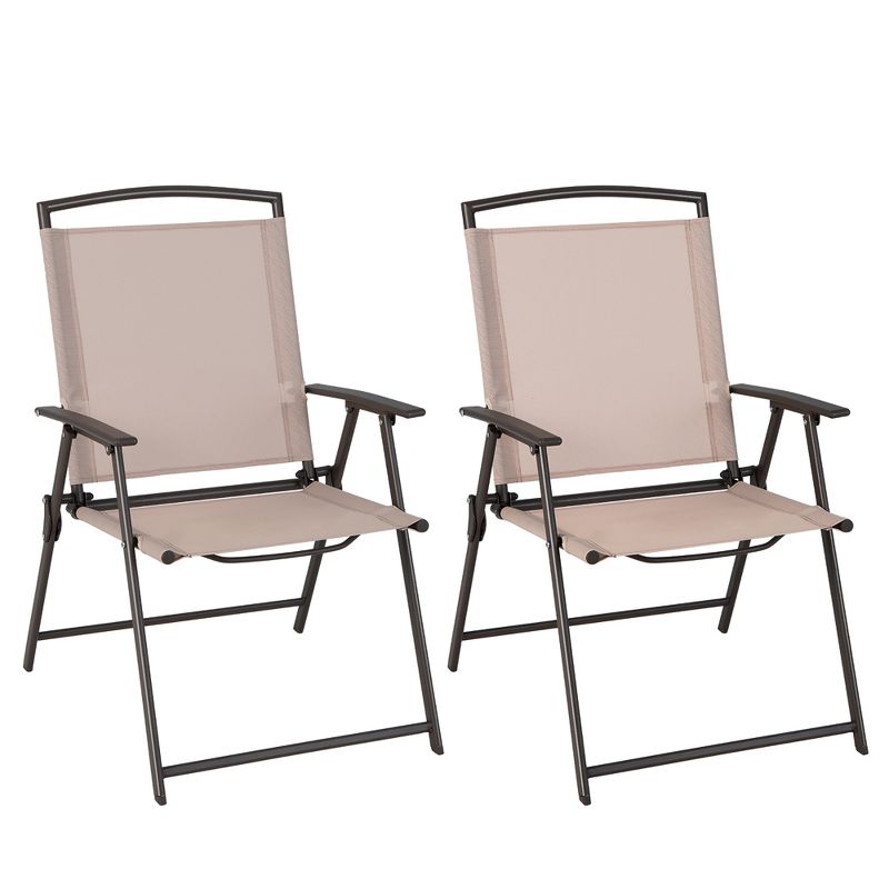 Costway 2 pcs Patio Folding Sling Dining Chairs Armrests Steel Frame Outdoor Beige/Grey, 1 of 9