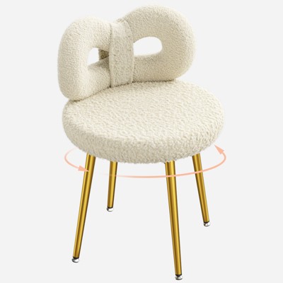 ROOMTEC Vanity Chair with Back, No Wheels Swivel Makeup Chair with Upholstered and Golden Metal Legs for Living Bedroom and Makeup Room, White Color