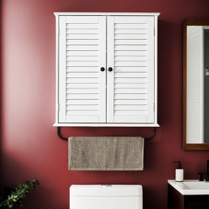 VANIRROR White Wall-Mounted MDF Bathroom Cabinet with Adjustable Shelves & Towel Bar – Over Toilet Storage Cabinet with Two Louvered Doors - 1 of 4