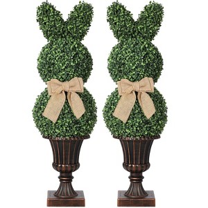 Whizmax 39"/3.25' Bunny Topiary - UV-Resistant Artificial Boxwood Rabbit Topiaries with Planter Pots, Indoor/Outdoor Decor with Bow Knot - 1 of 4