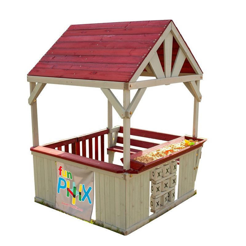 Funphix Hangout Hut, Kids Outdoor Wooden Playhouse with Sandbox & Tic Tac Toe, 1 of 8