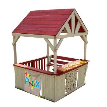 Funphix Hangout Hut, Kids Outdoor Wooden Playhouse with Sandbox & Tic Tac Toe