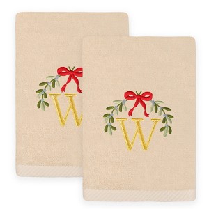 Linum Home Textiles Christmas MISTLETOE MONOGRAM - Embroidered Luxury 100% Turkish Cotton Hand Towels (Set of 2) - 1 of 3