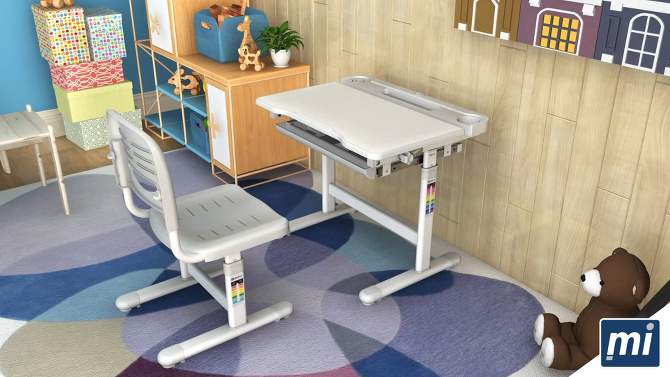 Mount-It! Kids Desk and Chair Set | Height Adjustable Ergonomic Children's School Workstation with Storage Drawer | Gray, 2 of 11, play video