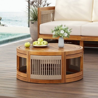 27" Brown Acacia Wood Outdoor Coffee Table,Boho Patio Round Coffee Table for Garden,Handwoven Rope Accent Table with Slatted Top-Coolbibila