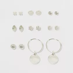 Cubic Zirconia Studs and Hoop Multi Earring Set 8pc - A New Day™ Silver