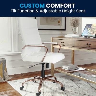 White LeatherSoft High Back Executive Swivel Chair with Rose Gold Metal Frame