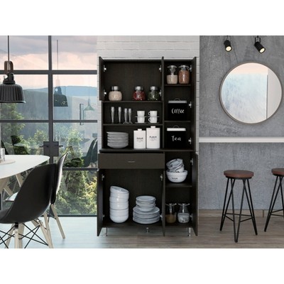 VYNXARIA Della 90" Black Kitchen Pantry with Drawer, Cabinets & Open Shelves