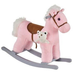 Qaba Kids Plush Ride-On Rocking Horse with Bear Toy, Children Chair with Soft Plush Toy & Fun Realistic Sounds - 1 of 4