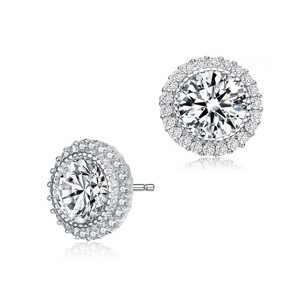 Guili Sterling Silver Rhodium or 14K Gold Plated Clear Round Cubic Zirconia Milgrain Halo Stud Earrings for a Stunning Shine and Exquisite Radiance - 1 of 3