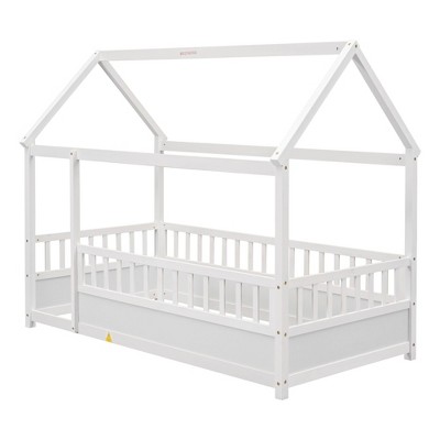 AZL1 Life Concept Beds Wooden House Floor Bed, Whimsical Twin Size Sleep and Play Space with Protective Guardrails, White, 79.53"*44.76"*66.26"