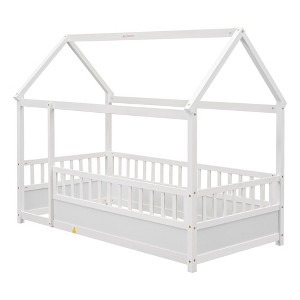 AZL1 Life Concept Beds Wooden House Floor Bed, Whimsical Twin Size Sleep and Play Space with Protective Guardrails, White, 79.53"*44.76"*66.26" - 1 of 4