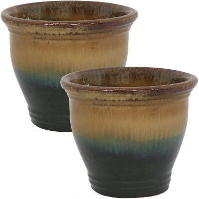 Sunnydaze Studio Outdoor/Indoor UV- and Frost-Resistant Ceramic Planter with Drainage Holes - 11" Diameter - Forest Lake Green - 2-Pack