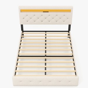 Platform Bed Frame, Modern Upholstered Bed Frame with Adjustable Headboard, Built-In Charging Station, Diamond Stitched Button Tufted - 1 of 4