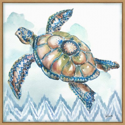 30"x30" Blue and Green Watercolor Sea Turtle Framed Canvas Wall Art