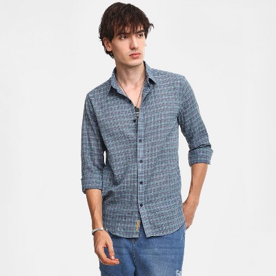 Campus Sutra Men Men's Icy Blue Micro-Tartan Plaid Shirt