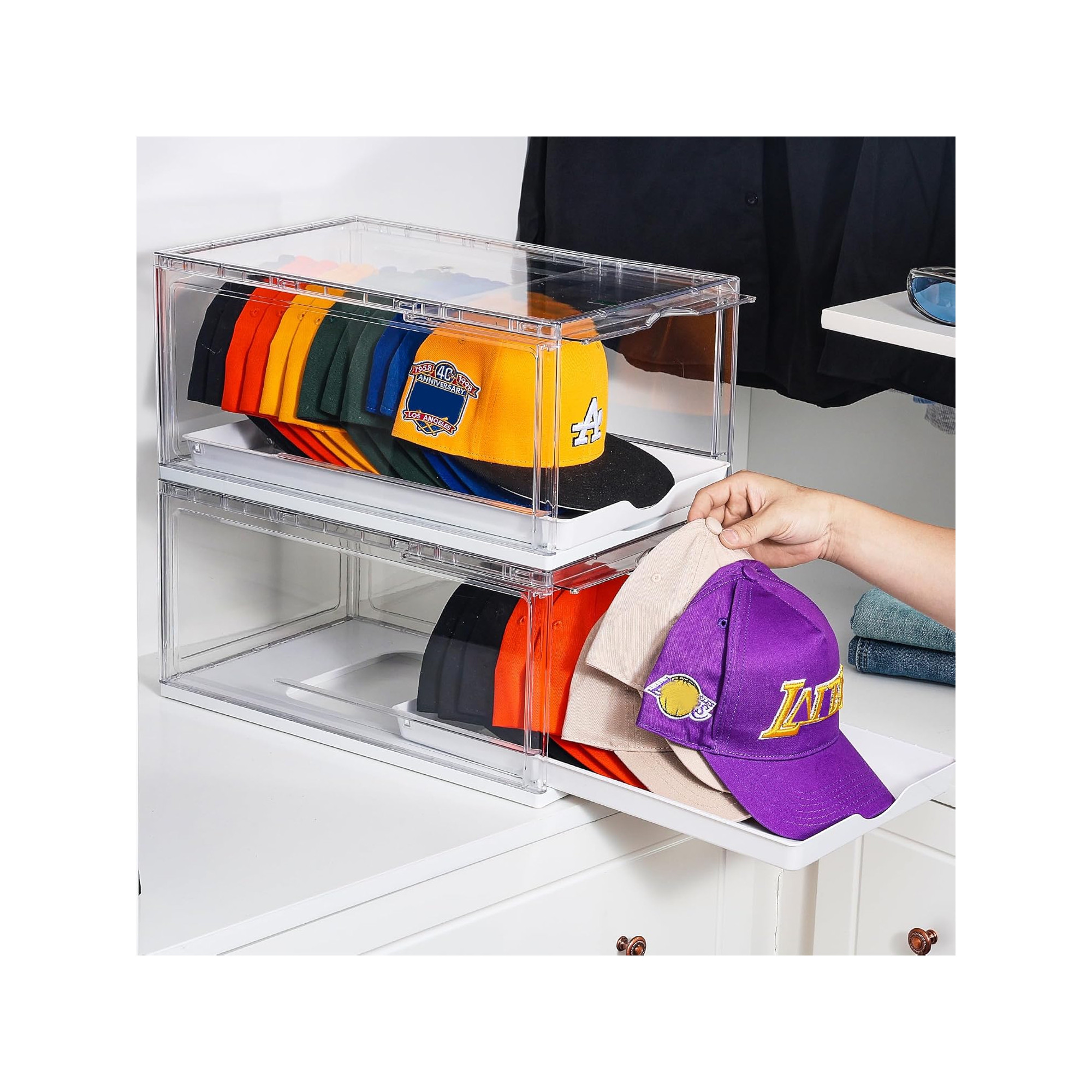 Vtopmart 2 Pack Hat Organizer for Baseball Caps, Stackable Clear Hats Display Case with Drawer, Sliding Tray and Magnetic Door, Each Holds 12 Hats