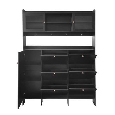NicBex Hall Tree with Storage Coat Rack Freestanding with 4 Hooks, 6 Flip Drawers 2 Shelves, and 3 Cabinet 2 of them Have Tempered Glass Doors, Black
