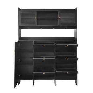 NicBex Hall Tree with Storage Coat Rack Freestanding with 4 Hooks, 6 Flip Drawers 2 Shelves, and 3 Cabinet 2 of them Have Tempered Glass Doors, Black - 1 of 4