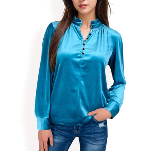 Anna-Kaci Women's Velvet Long Sleeve Blouse with Ruffled Collar and Button Detail - image 1 of 4