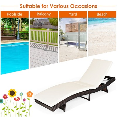 Adjustable Black Plastic Armless Chaise Lounge with White Cushions