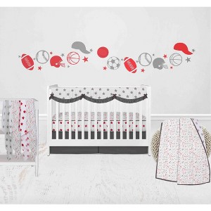 Bacati - Boys Baseball Muslin Red Gray 8 pc Crib Bedding Set with Long Rail Guard Cover - 1 of 4