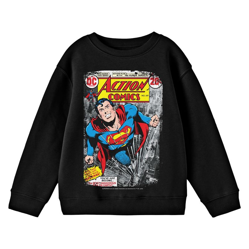 Superman Distressed Action Comics Cover No. 419 Crew Neck Long Sleeve Black Youth Tee, 1 of 3